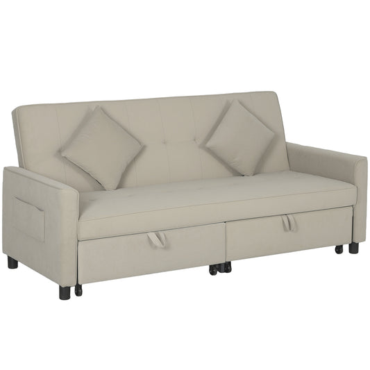Photo of HOMCOM 3 Seater Velvet Sofa Bed, Convertible Pull-Out  Sofa Bed with Adjustable Backrest, Space Saving Living Room Sofa, Beige in Beige colour on a white background