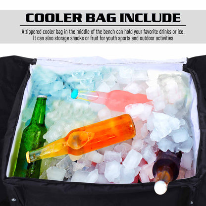 Bench-integrated cooler bag filled with ice and drinks