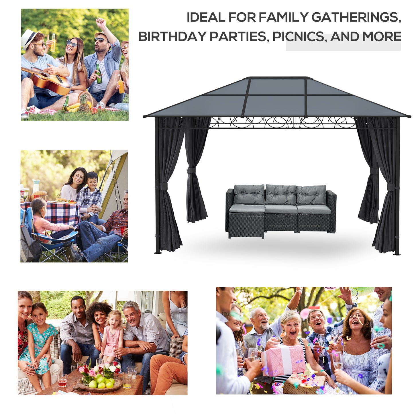 Outsunny Hardtop Gazebo Garden Pavilion w/ UV Resistant Polycarbonate Roof, Curtains, Steel & Aluminium Frame, 3 x 4(m), Grey