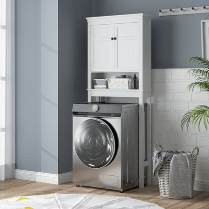 HOMCOM white storage cabinet installed above a front-loading washing machine