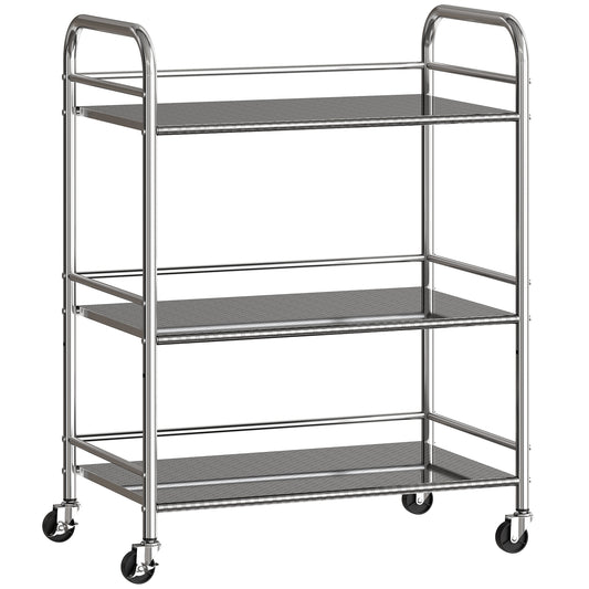 Photo of HOMCOM 3 Tier Stainless Steel Kitchen Storage Trolley with Adjustable Shelf - Silver in Silver colour on a white background