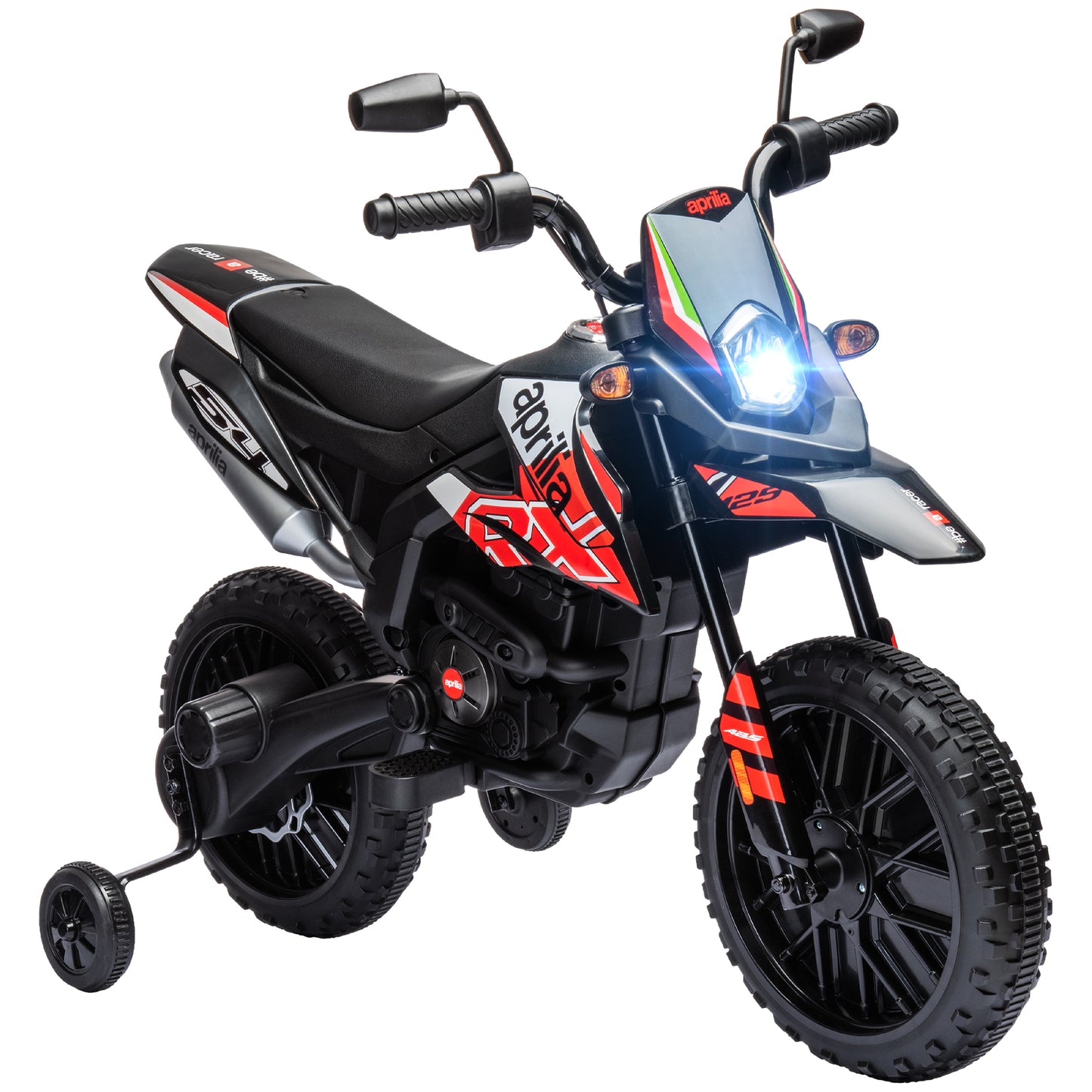 Photo of AIYAPLAY 12V Aprilia Licensed Kids Motorbike with Training Wheels, Spring Suspension, LED Headlight, USB, Music, Red/Black in Red/Black colour on a white background