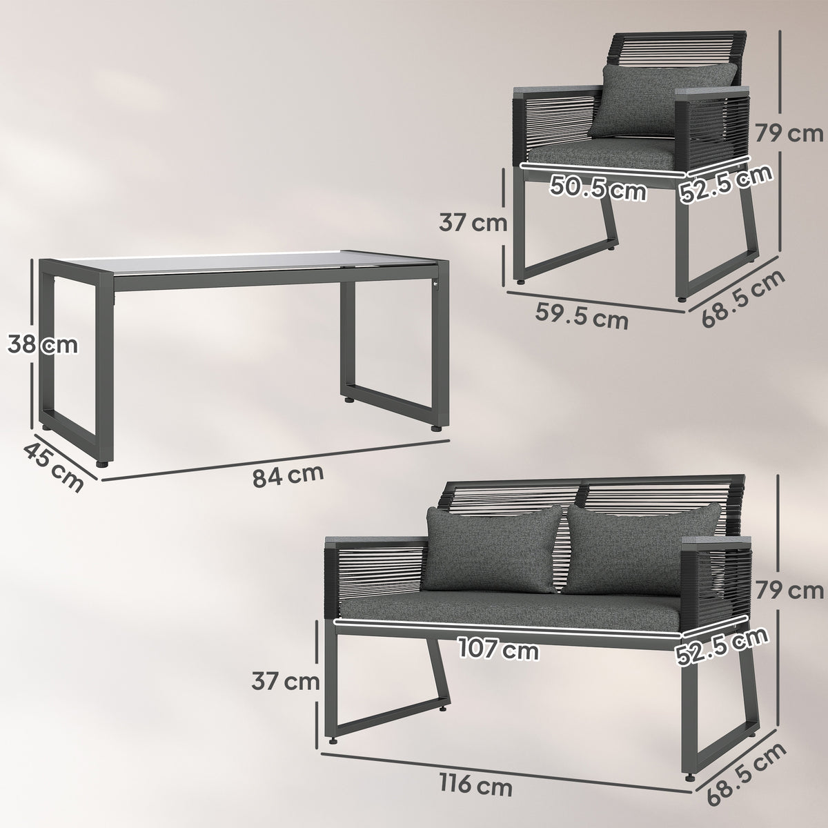 Outsunny 4 Pieces Rattan Garden Furniture Set - Charcoal Grey