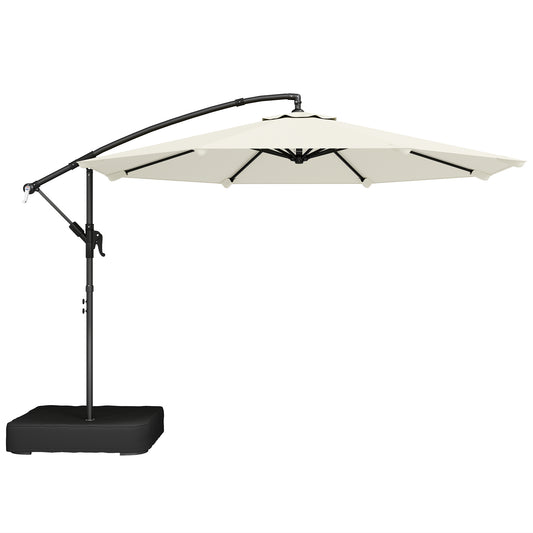 Photo of Outsunny 3 m Garden Cantilever Parasol with Cross Base, Sandbag, 360° Rotating Overhanging Banana Umbrella, Cream White in White colour on a white background