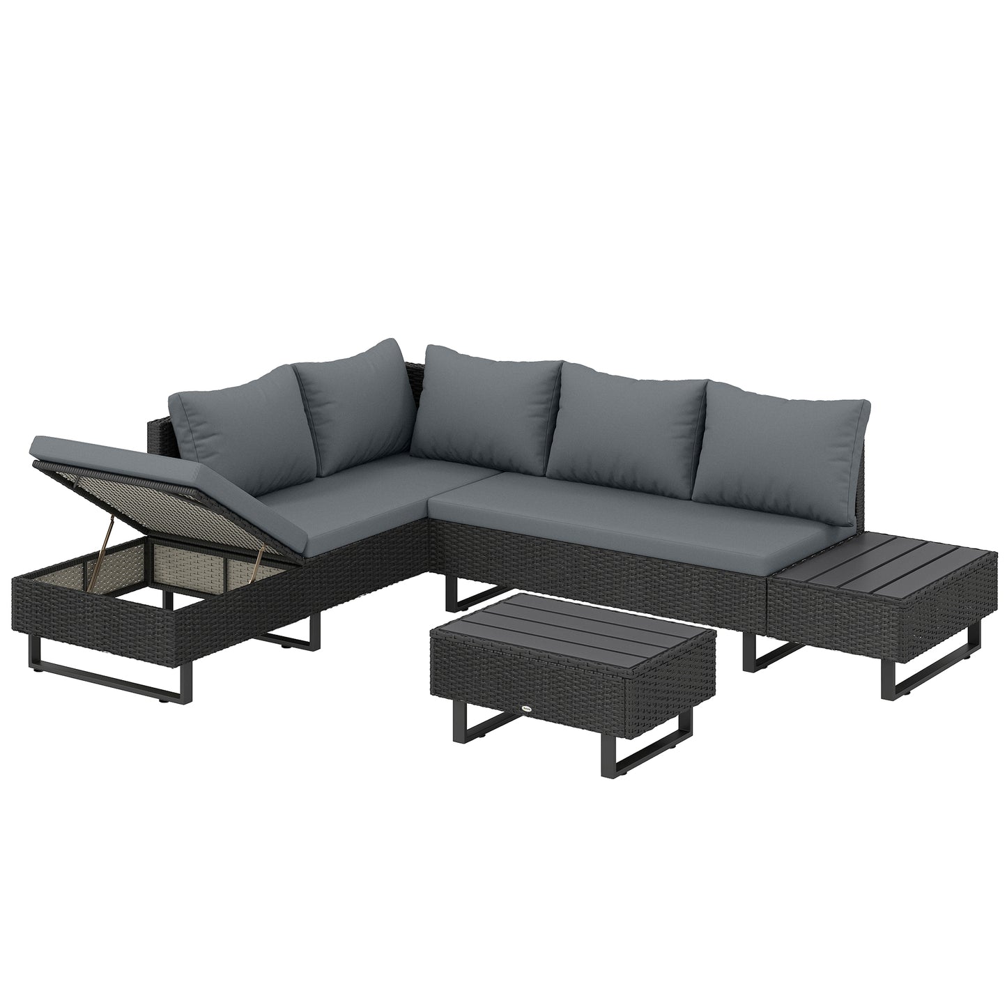 Photo of Outsunny 5 Seater Rattan Garden Furniture Set, L Shaped Garden Corner Sofa, Adjustable Back, Faux Wood Table, Dark Grey in Grey colour on a white background