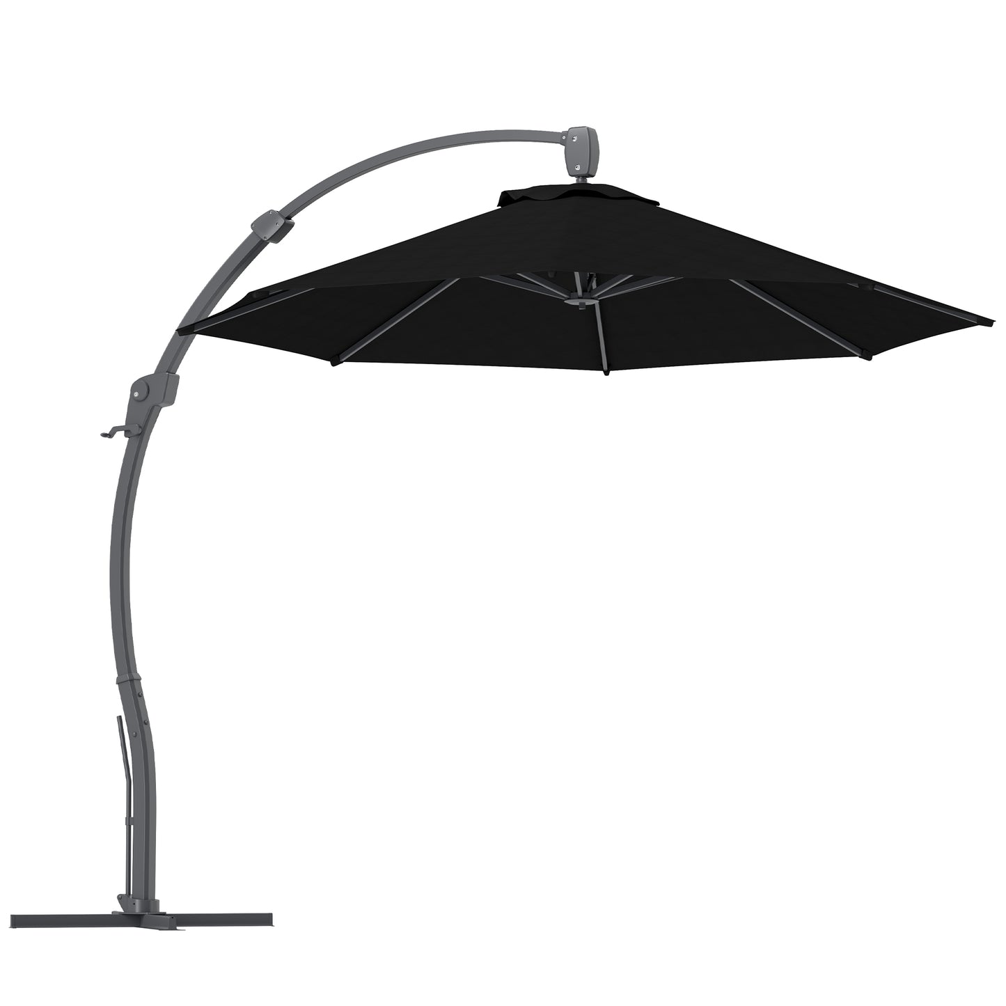 Photo of Outsunny 3(m) Garden Cantilever Parasol, Round Overhanging Umbrella with Crank Handle, Cross Base, Aluminium Frame and 360° Rotation, Banana Patio Umbrella for Outdoor Sun Shade, Black in Black colour on a white background