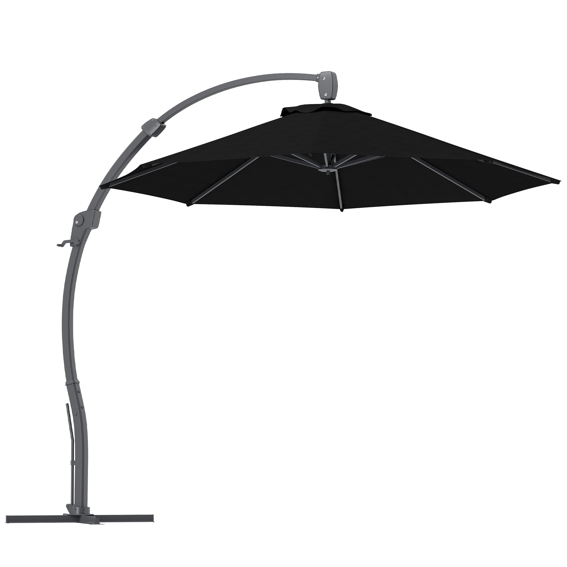 Photo of Outsunny 3(m) Garden Cantilever Parasol, Round Overhanging Umbrella with Crank Handle, Cross Base, Aluminium Frame and 360° Rotation, Banana Patio Umbrella for Outdoor Sun Shade, Black in Black colour on a white background