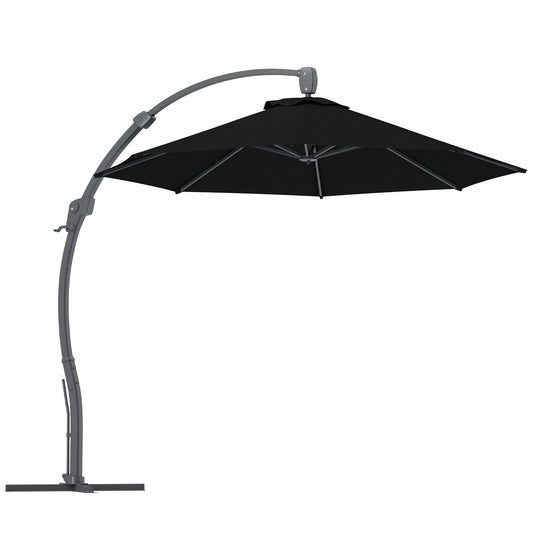 Photo of Outsunny 3(m) Garden Cantilever Parasol, Round Overhanging Umbrella with Crank Handle, Cross Base, Aluminium Frame and 360° Rotation, Banana Patio Umbrella for Outdoor Sun Shade, Black in Black colour on a white background