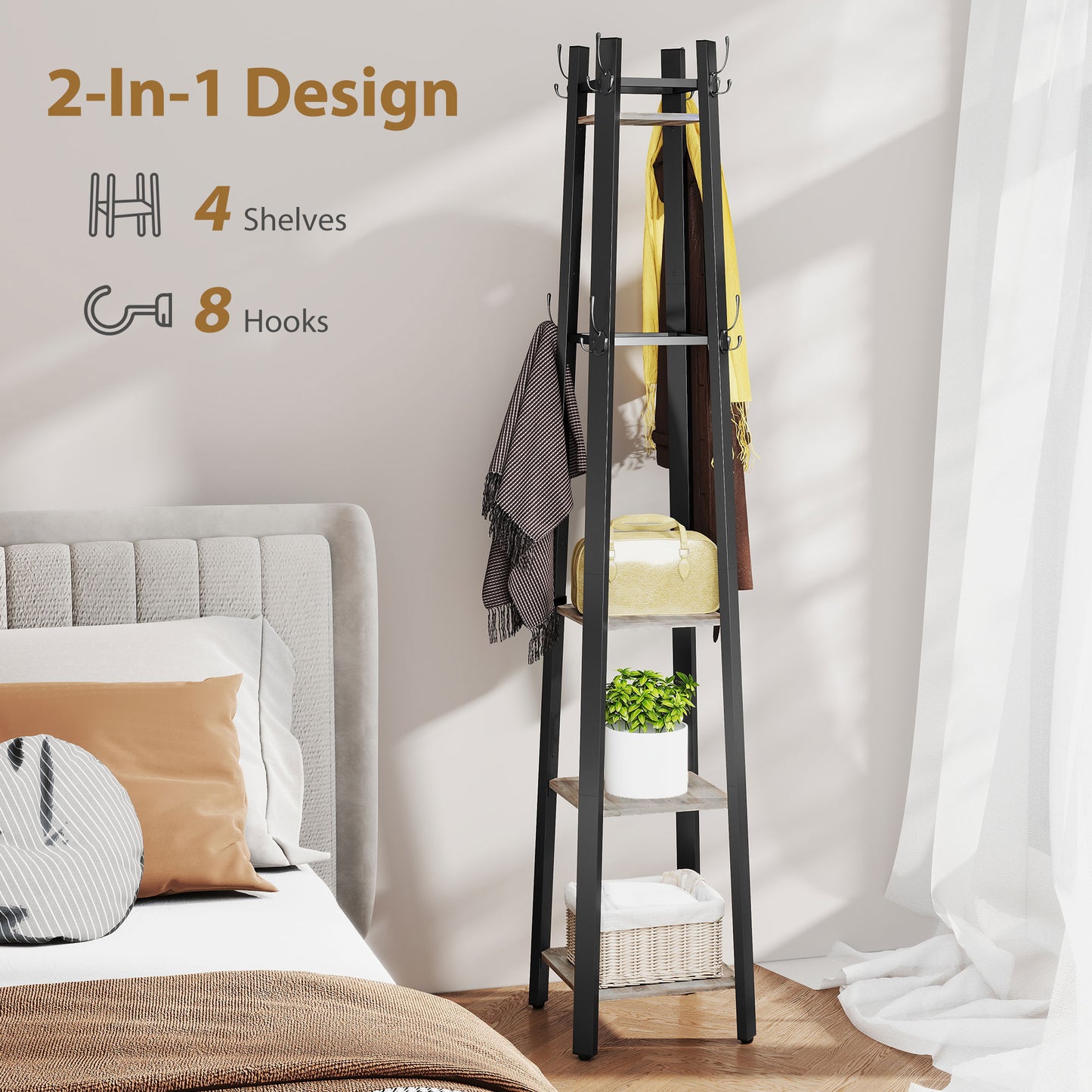 HOMCOM Industrial-Style Four Shelf Coat Stand - Grey/Black