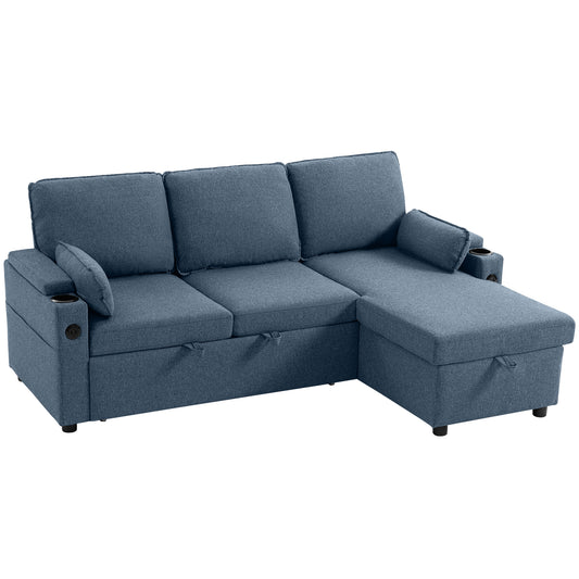 Photo of HOMCOM Corner Sofa Bed, L Shaped Sleeper Sectional Sofa with Reversible Storage Chaise, Blue in Blue colour on a white background