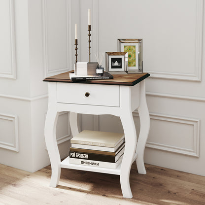 White bedside table with brown top, single drawer, open shelf and curved legs