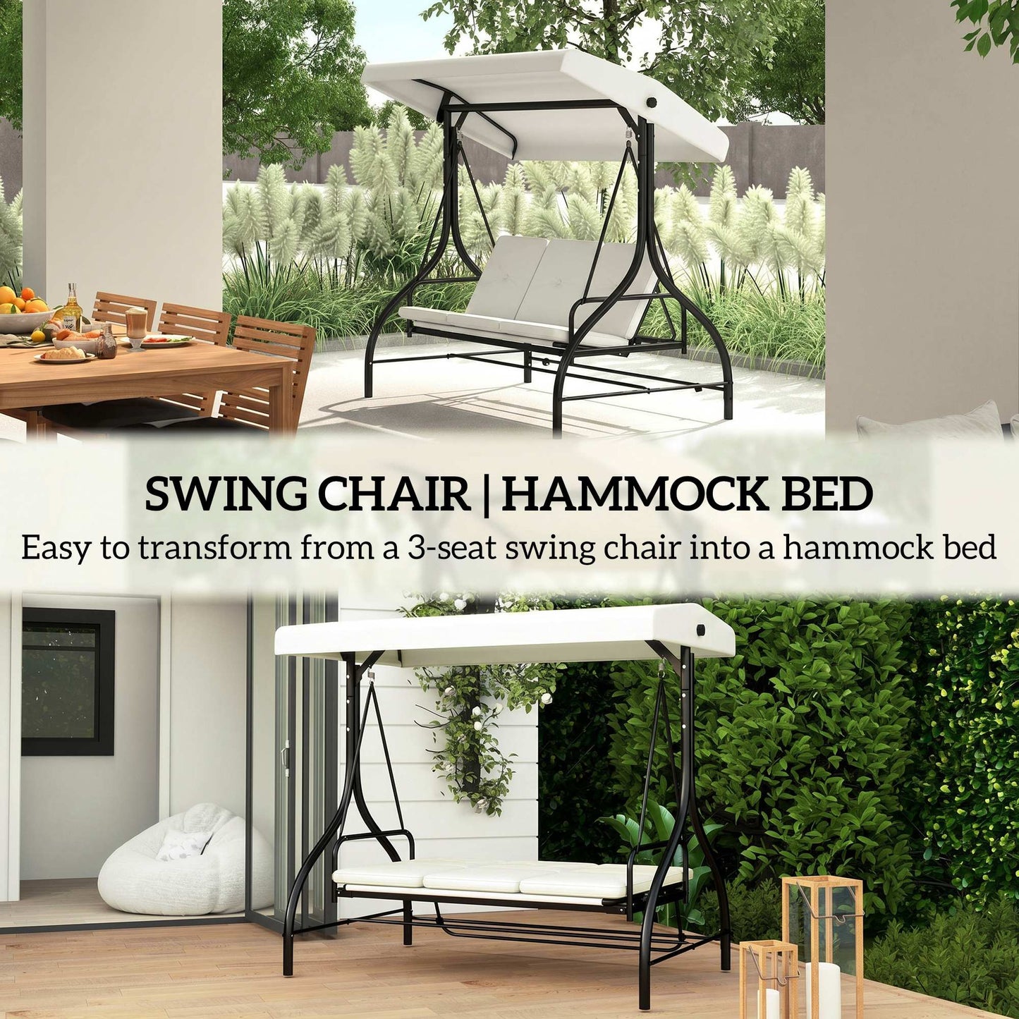 Outsunny 3 Seater Canopy Swing Chair, 2 in 1 Garden Swing Seat Bed, with Adjustable Canopy and Metal Frame, Cream White