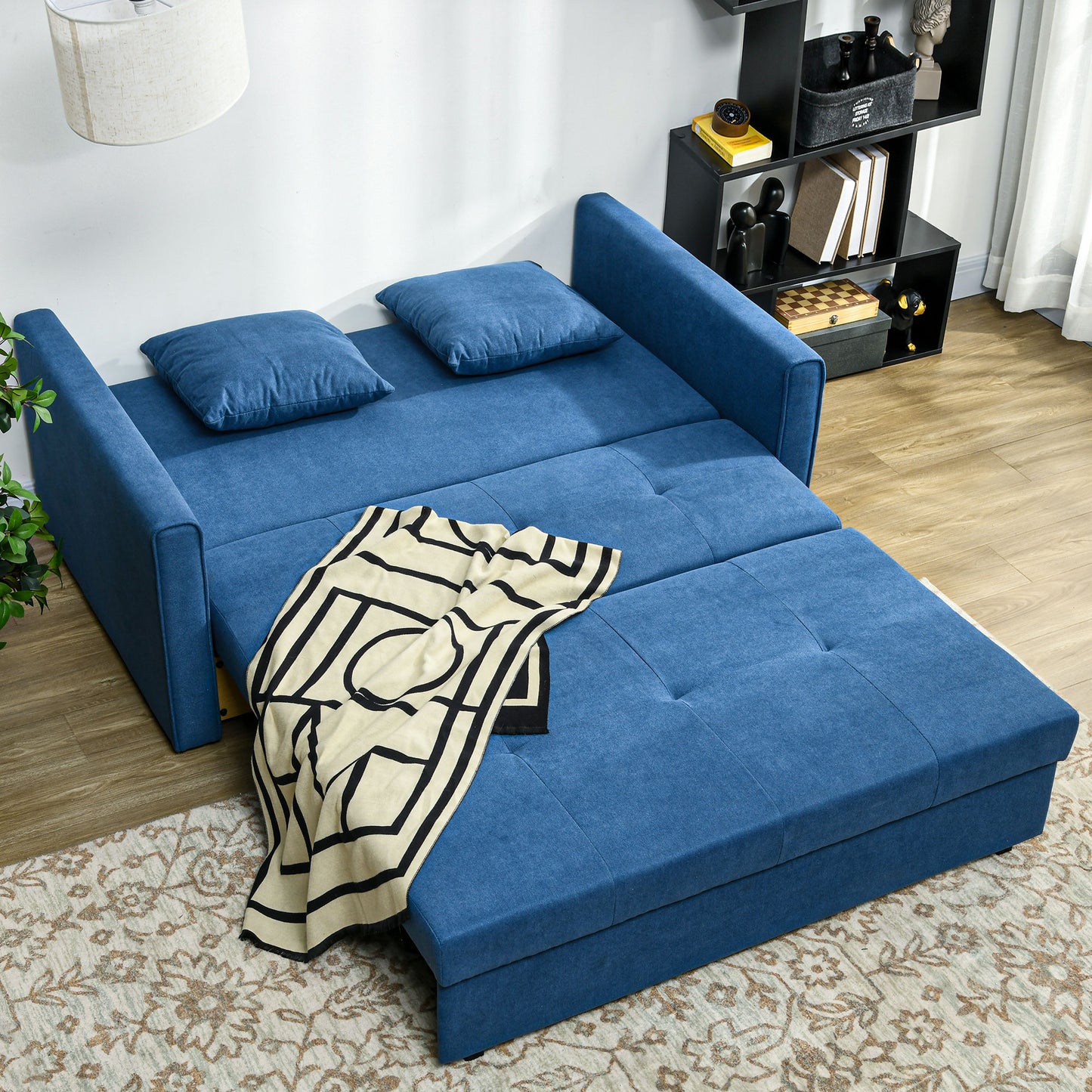 HOMCOM 2 Seater Sofa Bed with Hidden Storage, Pull Out Convertible Bed Settee, Modern Snow Flannel Loveseat Sofa Sleeper with 2 Cushions for Living Room, Guest Room, Deep Blue