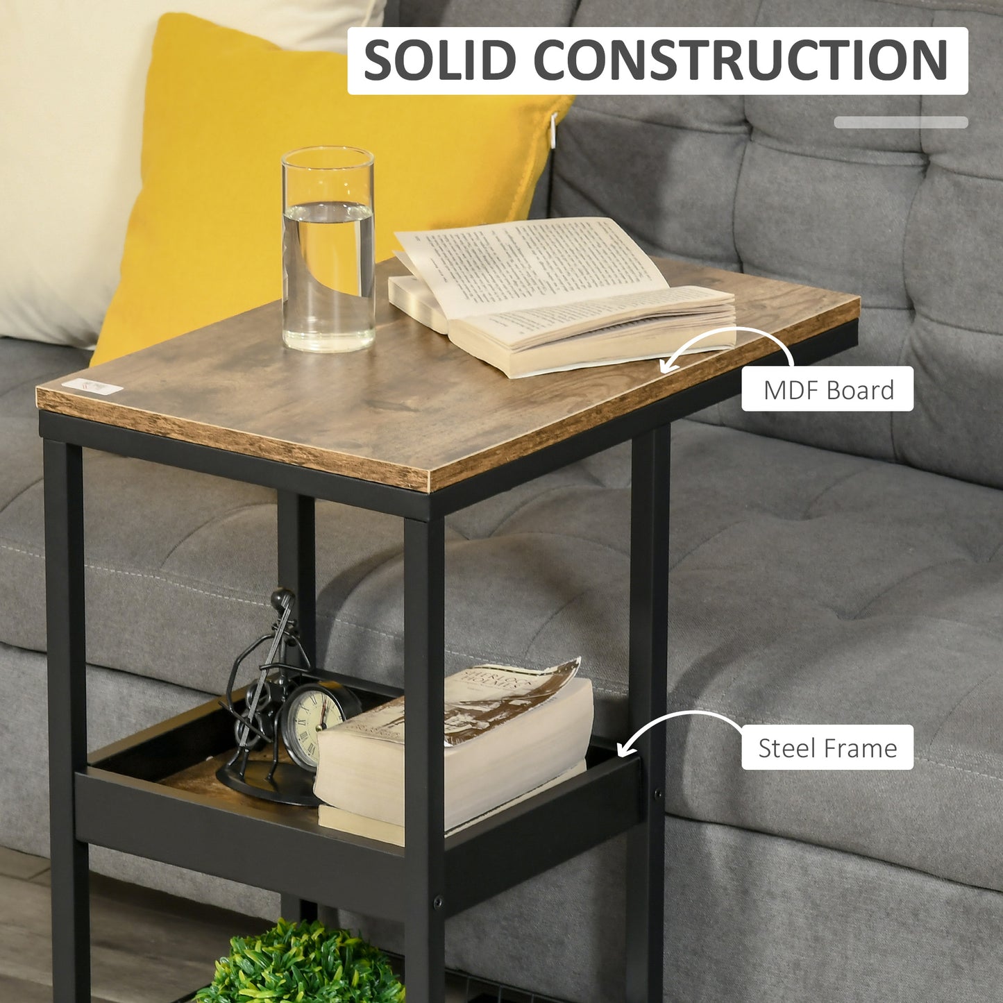 HOMCOM Mobile Sofa Side Table Set of 2, Industrial C-Shaped Rolling Table with 3-Tier Storage Shelving, Four Lockable Wheels Steel Frame, Dark Brown