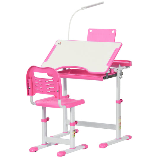 Photo of HOMCOM Kids Study Desk and Chair Set w/ Adjustable Height, Storage, Drawer, Pink in Pink colour on a white background