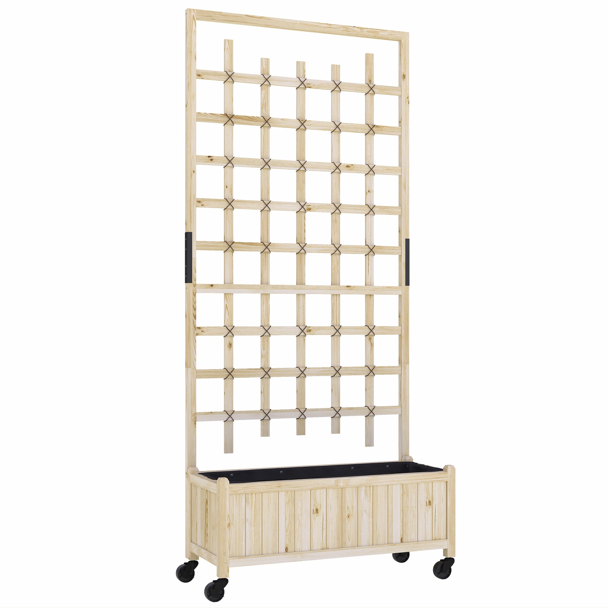 Photo of Outsunny Wooden Trellis Planter, Raised Garden Bed with Wheels, to Climb and Grow Vegetables, Herbs and Flowers, Natural in Natural colour on a white background