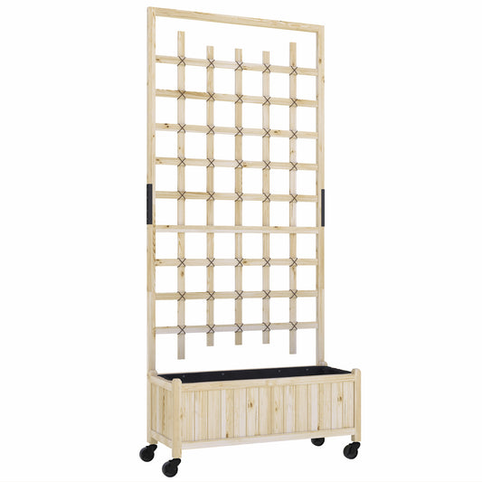 Photo of Outsunny Wooden Trellis Planter, Raised Garden Bed with Wheels, to Climb and Grow Vegetables, Herbs and Flowers, Natural in Natural colour on a white background