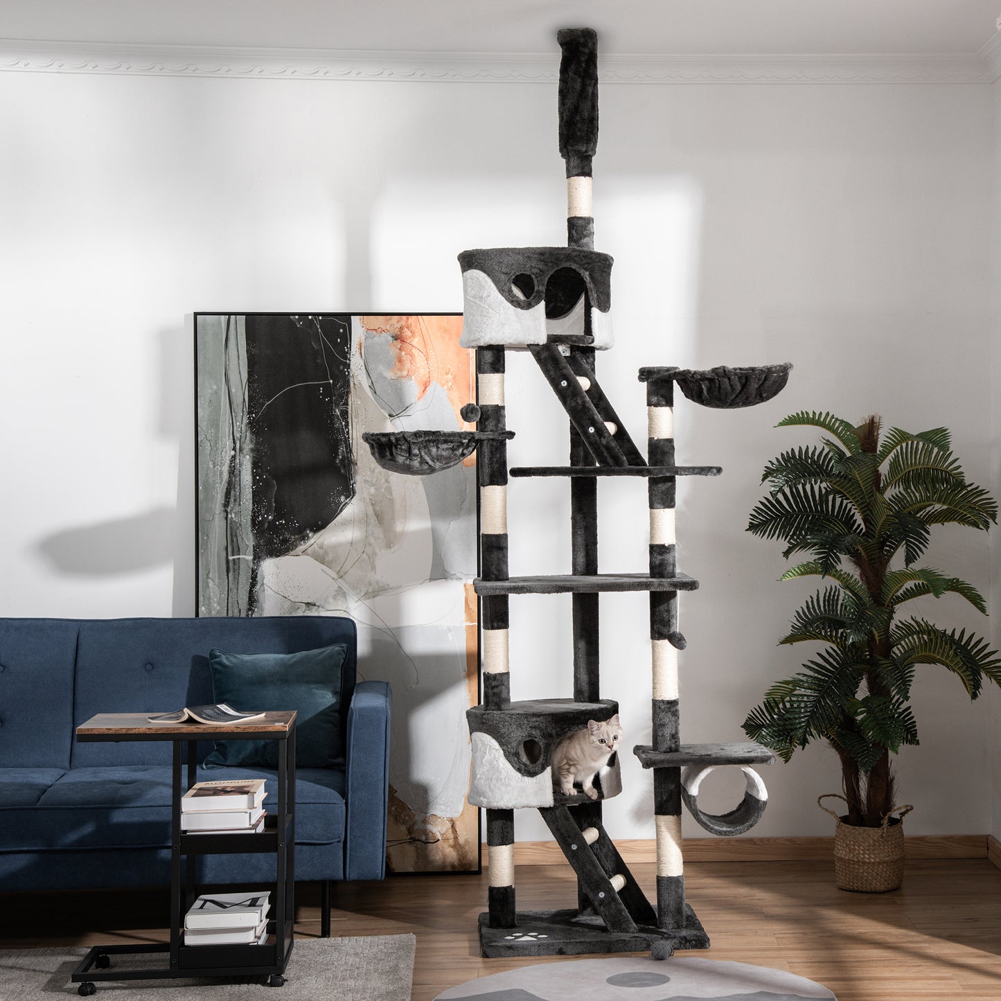 PawHut Floor-to-Ceiling Cat Tree for Indoor Cats, 240-260cm Adjustable Cat Tree - White