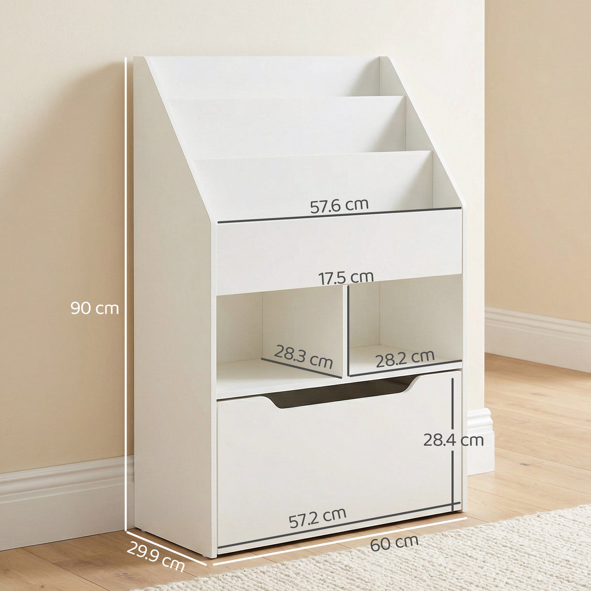 White kids' bookshelf with three book tiers, two open storage cubbies, and a large drawer; 60 cm wide.