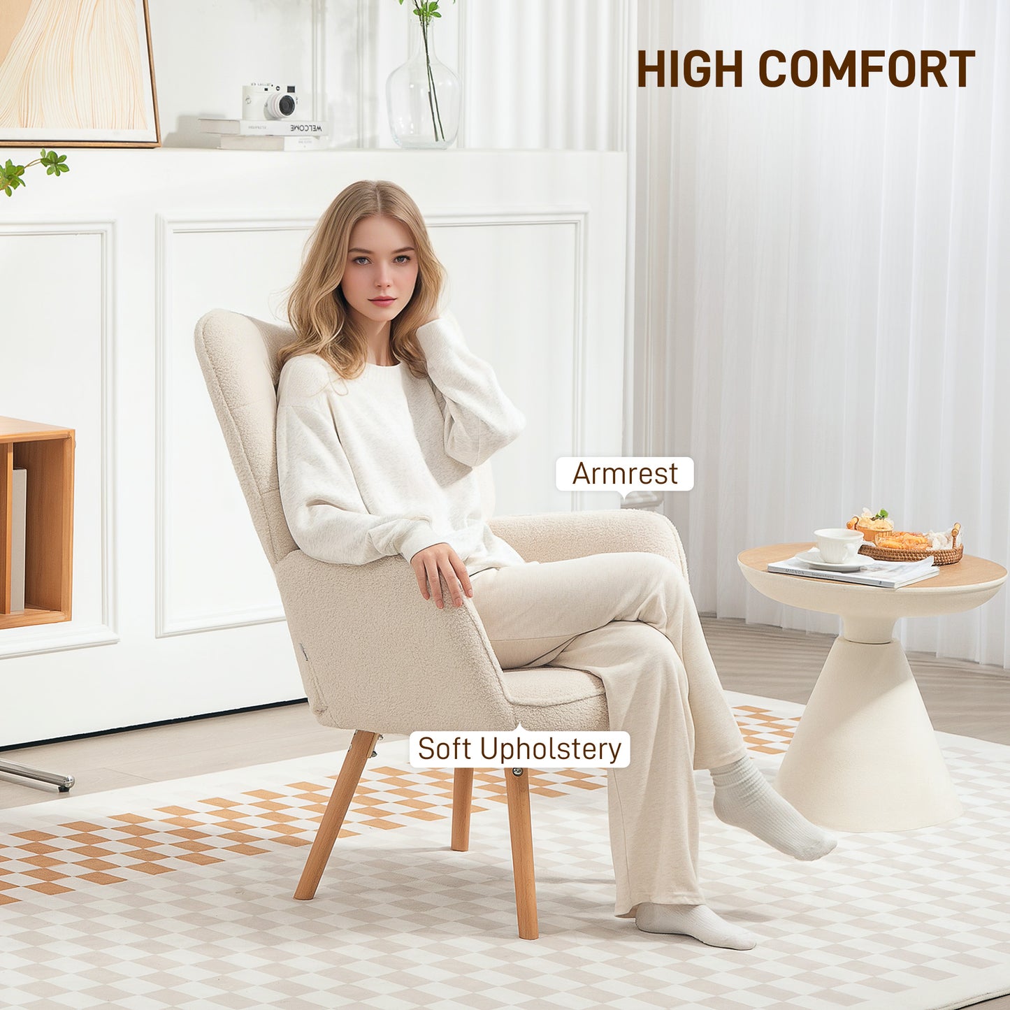 HOMCOM Modern Accent Chair, Upholstered High Back Armchair with Tufted Wingback, Seat Padding, Teddy Fleece Leisure Lounge Bedroom Chair with Wood Legs, Cream White