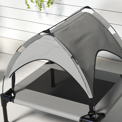 Close-up of the raised pet bed's gray canopy, support frame and mesh surface