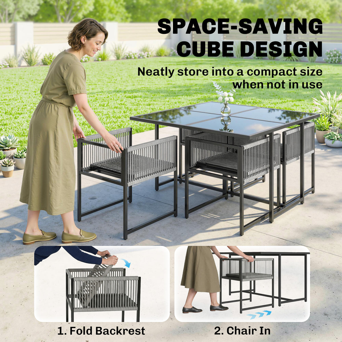 Outsunny 5 Pieces Garden Dining Set, Outdoor Patio Cube Set, 4 Seater Outdoor Table and Chairs with Foldable Backrest, Light Grey