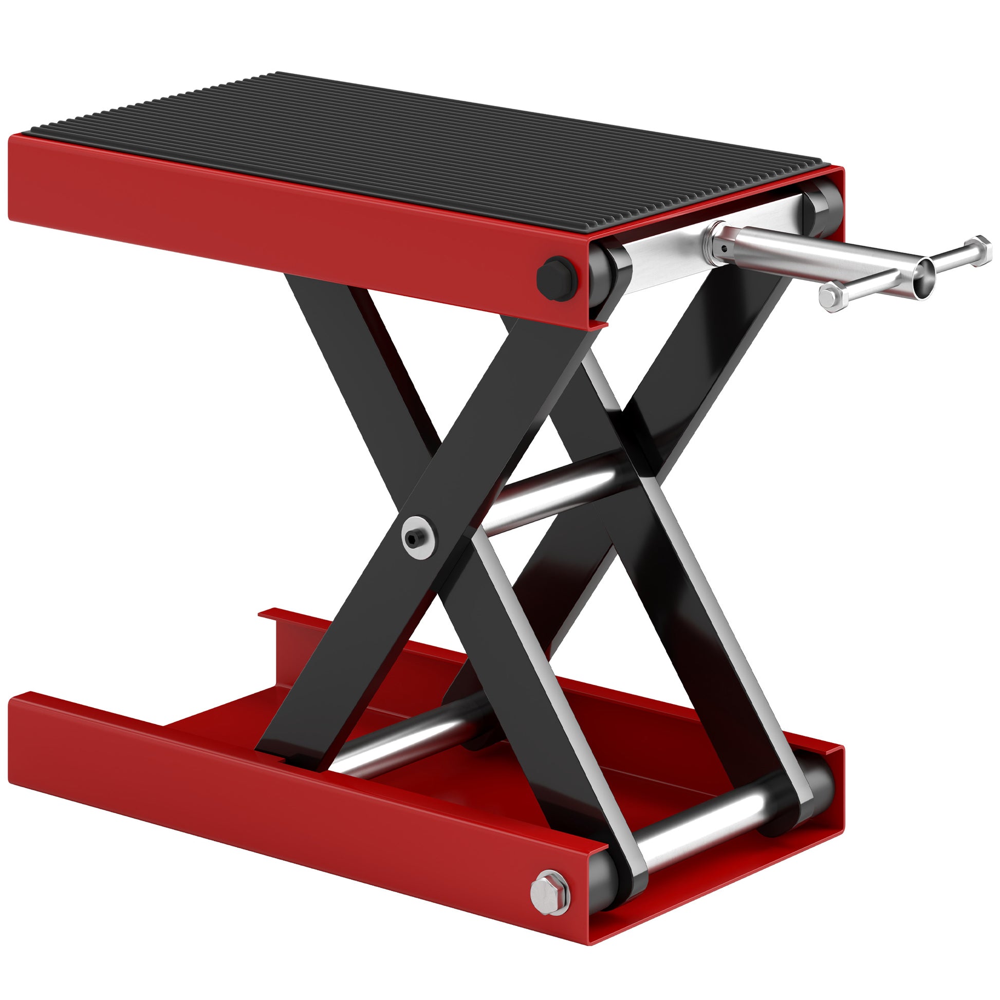 Photo of DURHAND 500KG Motorcycle Lift Scissor Jack, Height Adjustable Motorbike Stand with Anti-Slip Wide Deck, Heavy Duty Steel Motorbike Repair Lift Hoist Stand for Home Garage, Red in Red colour on a white background