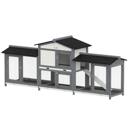 Photo of PawHut 2-Tier Large Rabbit Hutch Outdoor with Double Side Run Boxes, No-leak Plastic Tray, Ramp, 230 x 53 x 93.5cm, Light Grey in Grey colour on a white background