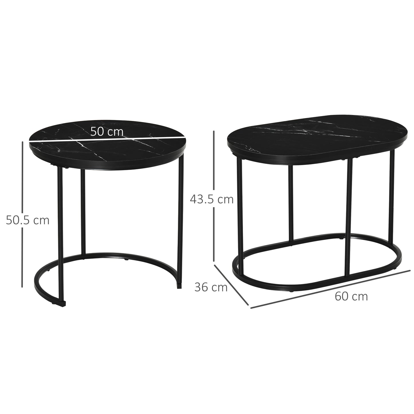 HOMCOM Nest of Tables with Steel Frame and Faux Marble Tabletop, Modern Coffee Table Set of 2, Black/White