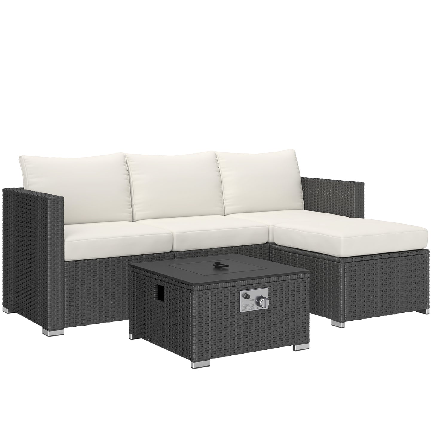 Photo of Outsunny Five Piece Rattan Garden Furniture Set with Gas Fire Pit Table and Footstool - Black and Cream White in White colour on a white background