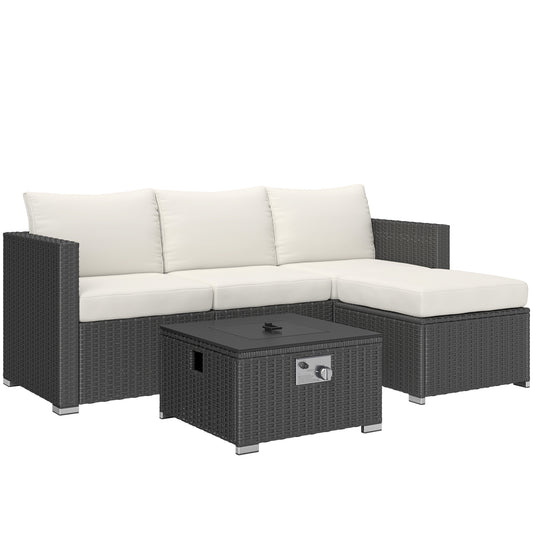 Photo of Outsunny Five Piece Rattan Garden Furniture Set with Gas Fire Pit Table and Footstool - Black and Cream White in White colour on a white background
