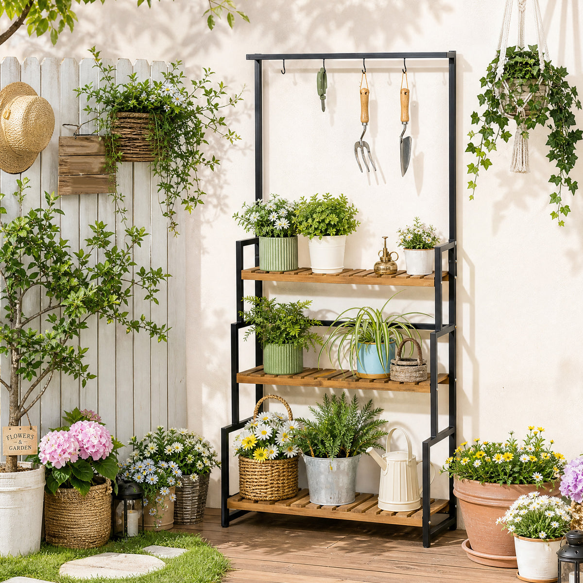 Three-tier plant stand with hanging hooks, displayed with potted plants outdoors