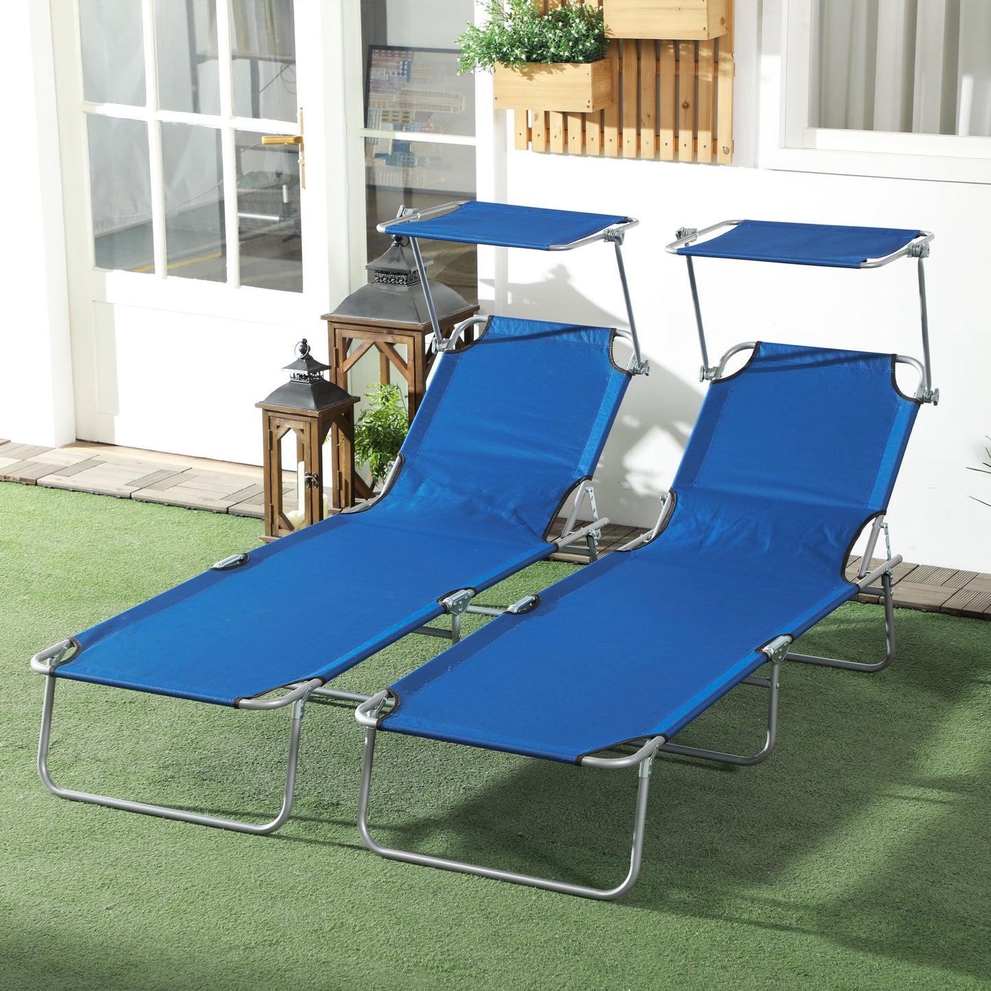 Outsunny Folding Sun Lounger Set of 2 with Canopy, Reclining Sunbed with 4-Position Adjustable Backrest, 600D Oxford Cloth, Portable Garden Lounger Recliner Chair for Beach, Camping, Patio, Blue