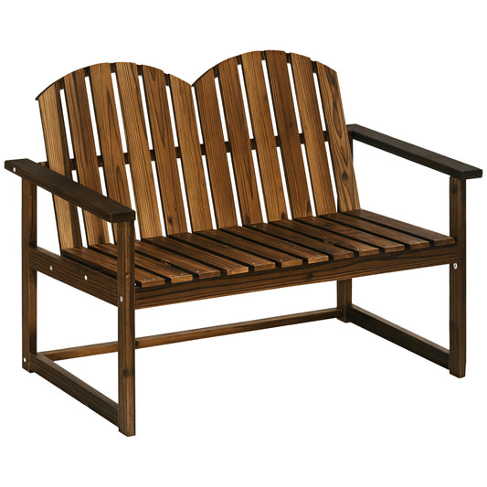 Photo of Outsunny Outdoor Wooden Garden Bench, Patio Loveseat Chair with Slatted Backrest and Smooth Armrests for Two People, for Yard, Lawn, Porch, Carbonised Finish in Finish colour on a white background