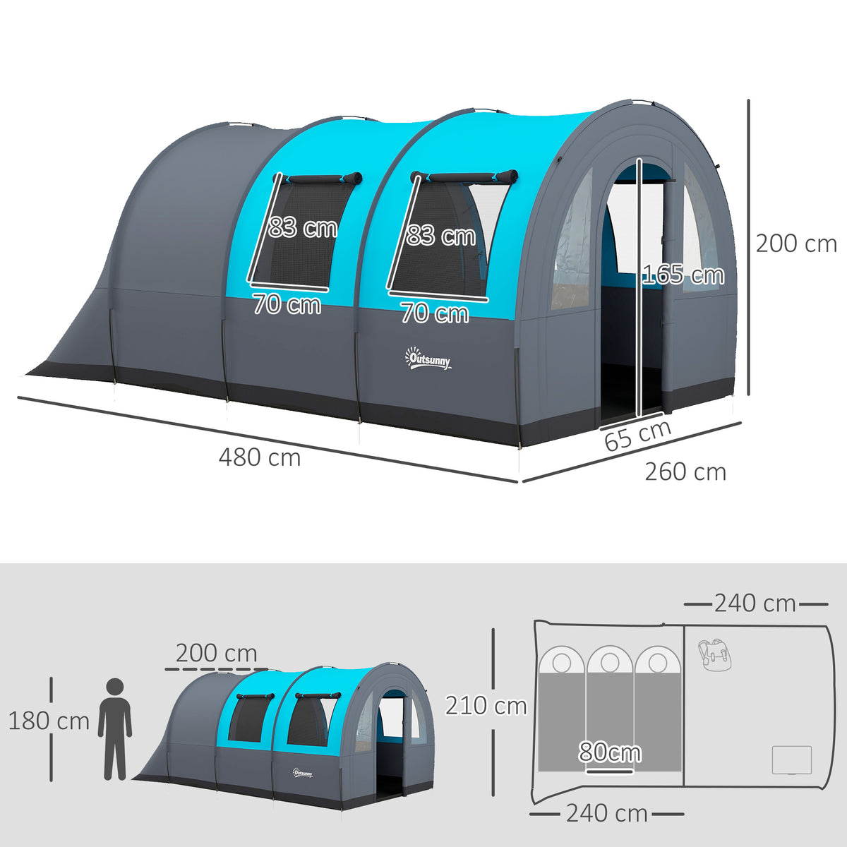 Outsunny Three Man Duo Room Tunnel Tent, with Accessories - Grey/Blue