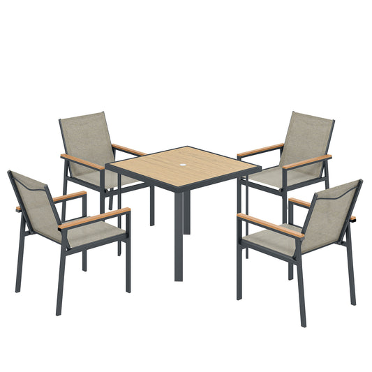 Photo of Outsunny Five-Piece Metal Dining Set, with Glass-Top Table - Khaki in Khaki colour on a white background