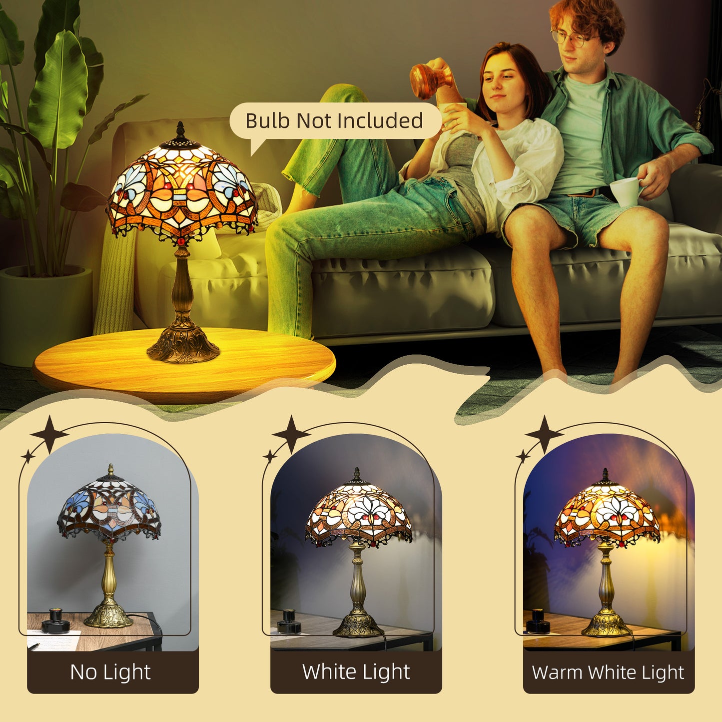 HOMCOM Tiffany Lamp, Stained Glass Table Lamp, Handcrafted Artisan Collectible, Suitable for Living Room and Bedside, Multi-Coloured, Ф25 x 45Hcm, Zinc Alloy.