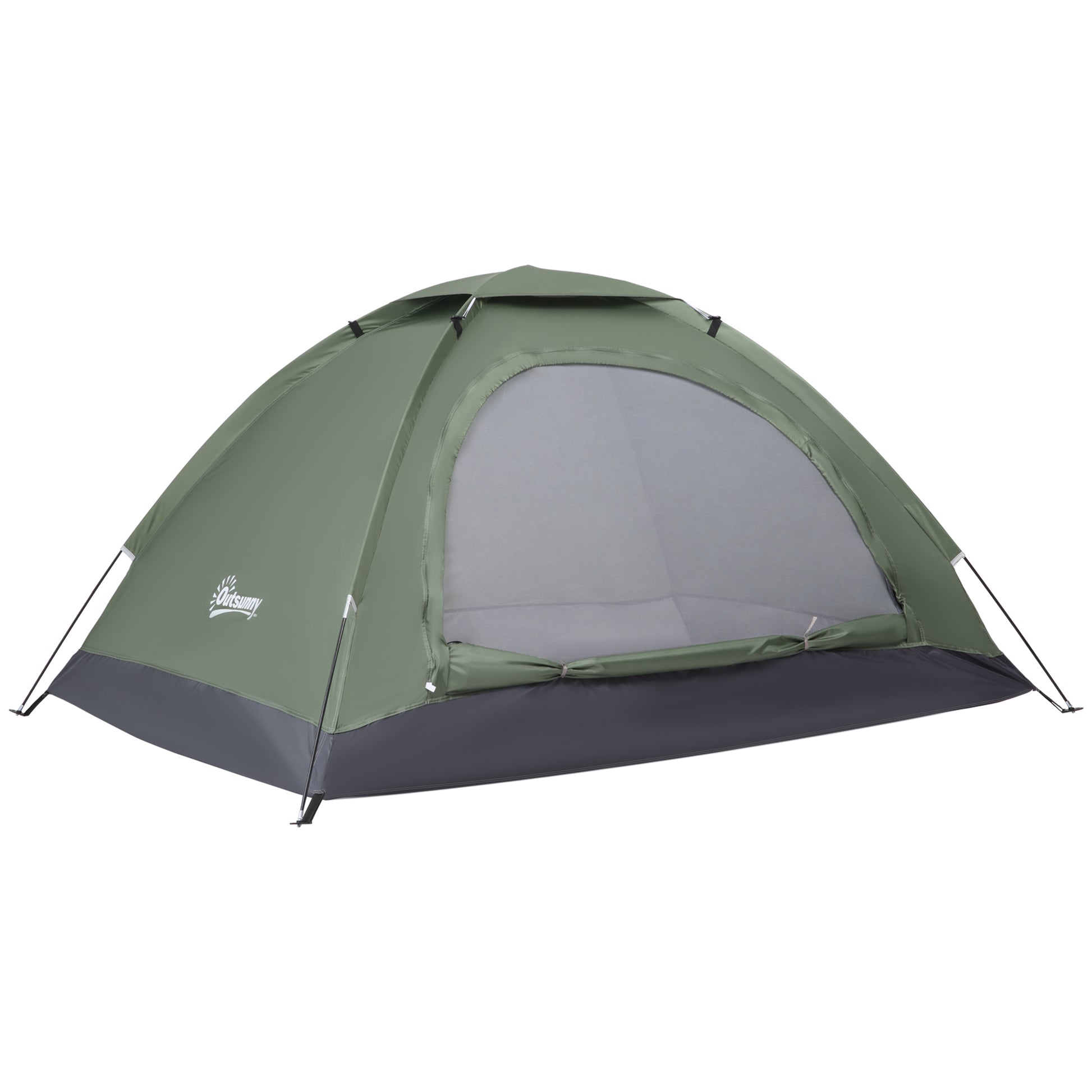 Photo of Outsunny 2 Person Camping Tent, Camouflage Tent with Zipped Doors, Storage Pocket, Portable Handy Bag, Dark Green in Green colour on a white background