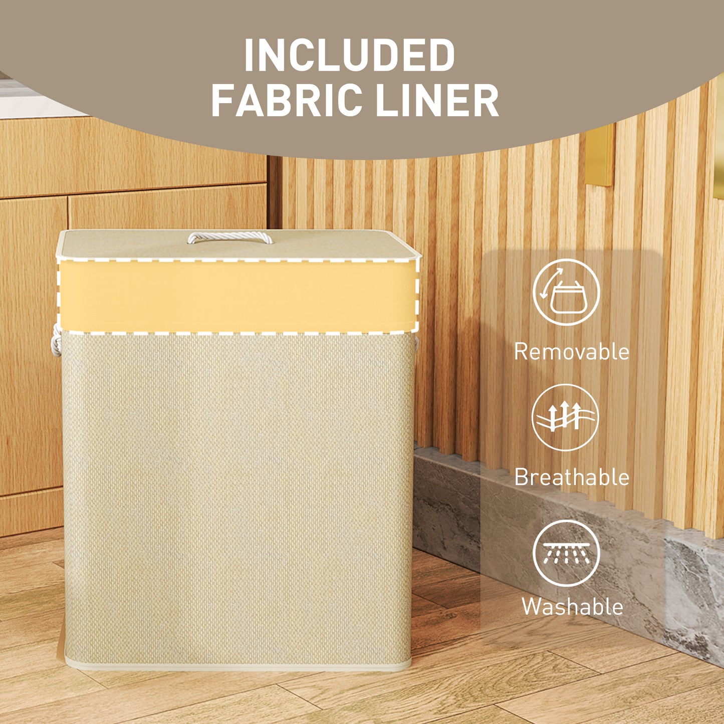 HOMCOM 2 Section Laundry Basket with Lid, 100L Bamboo Laundry Hamper with Handles, Removable and Washable Liner, Cream White