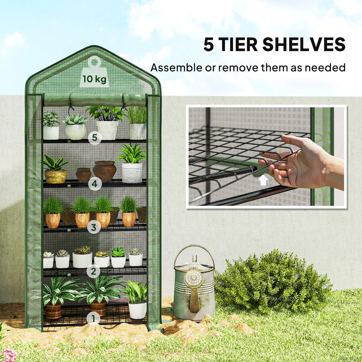 Outsunny 5 Tier Widened Mini Greenhouse with Reinforced PE Cover, Portable Indoor Outdoor Green House with Roll-up Door and Wire Shelves, 90 x 49 x 193cm, Green