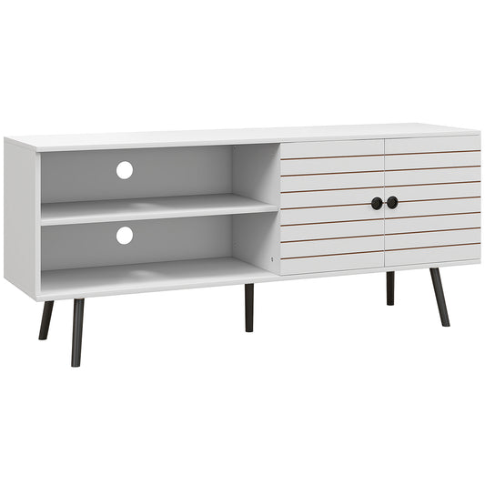 Photo of HOMCOM TV Stand with Cupboard, Open Shelves, Striped Doors, Wooden legs, White in White colour on a white background