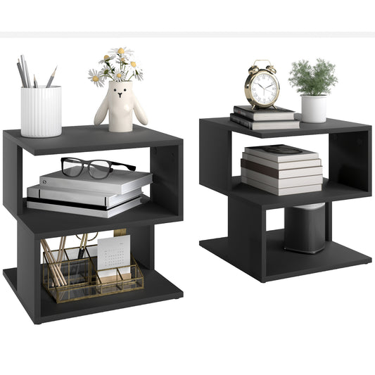 Photo of HOMCOM Set of 2 Side Table Square Coffee Table, Modern End Table with 2 Tier Storage Shelves for Living Room, Bedroom, Black in Black colour on a white background