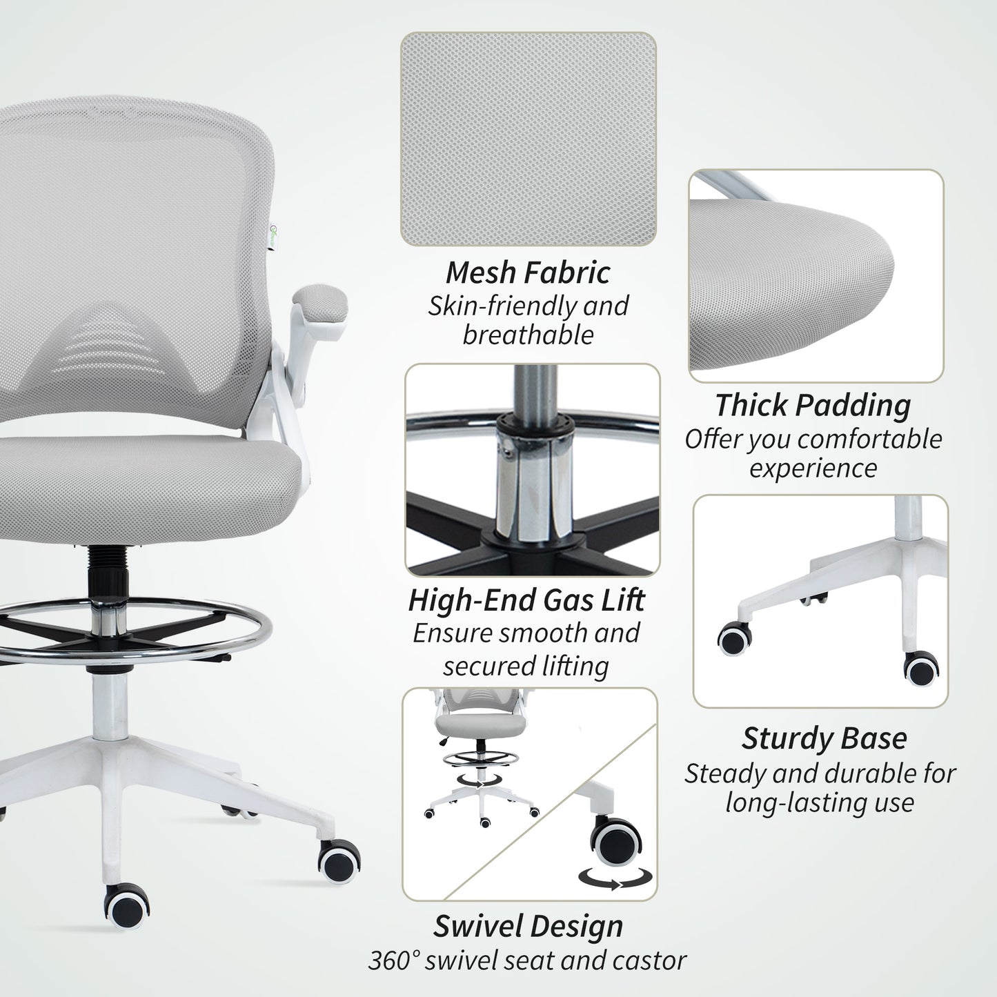 Vinsetto Drafting Chair with Flip-up Armrest, Mesh Office Stool with Foot Ring, 360 Degree Swivel Height Adjustable Chair for Standing Desk, Light Grey