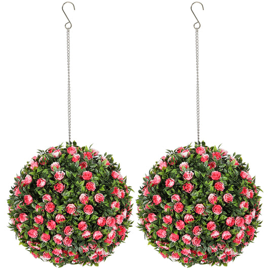 Photo of HOMCOM Set of 2 Decorative Artificial Plants, UV-protected Artificial Plant Topiary Rose Balls, Fake Plants for Home Indoor outdoor Decor, 28cm, Pink in Pink colour on a white background