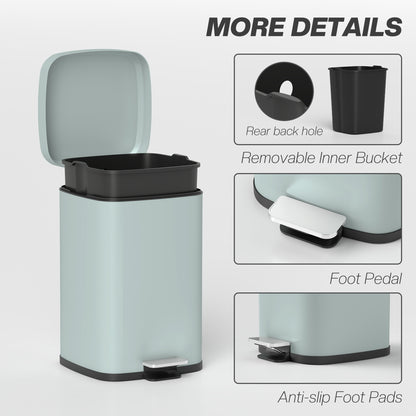 Light green bin with removable inner bucket, foot pedal and anti-slip foot pads.