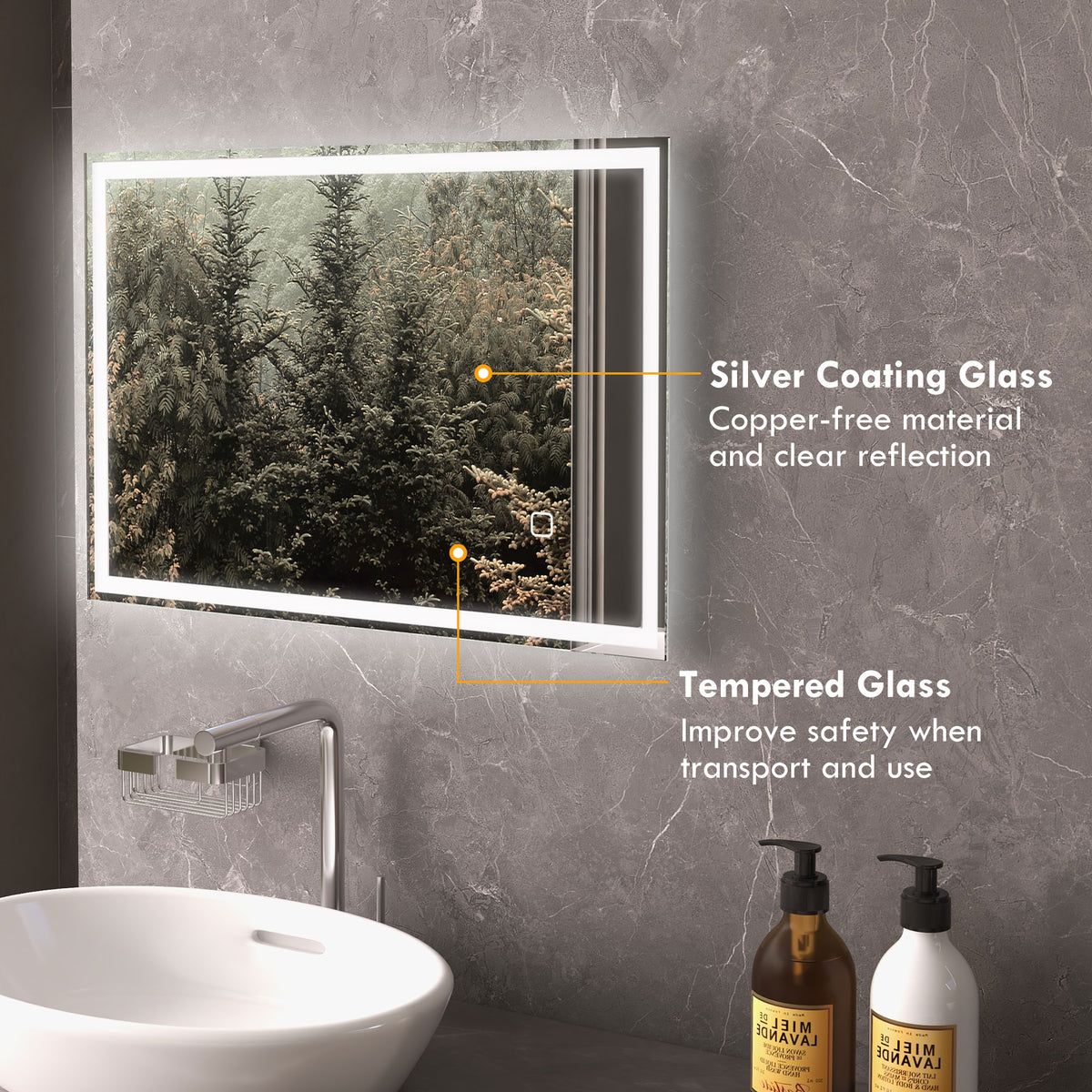 LED bathroom mirror with tempered, copper-free silver-coated glass
