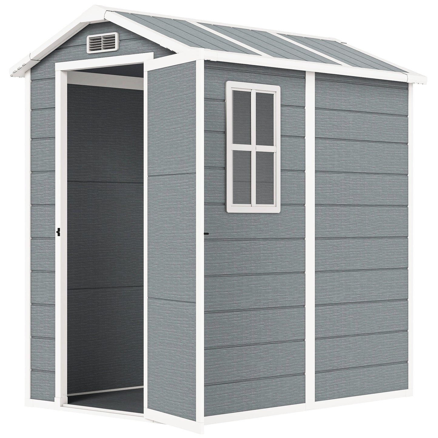 Photo of Outsunny 4 x 6ft Garden Shed, Plastic Shed with Floor, Window, Lockable Door and Vents, Resin Tool Shed for Outdoor Patio Storage, Zero Maintenance, Grey in Grey colour on a white background