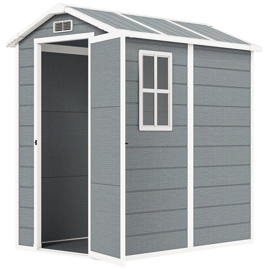 Photo of Outsunny 4 x 6ft Garden Shed, Plastic Shed with Floor, Window, Lockable Door and Vents, Resin Tool Shed for Outdoor Patio Storage, Zero Maintenance, Grey in Grey colour on a white background