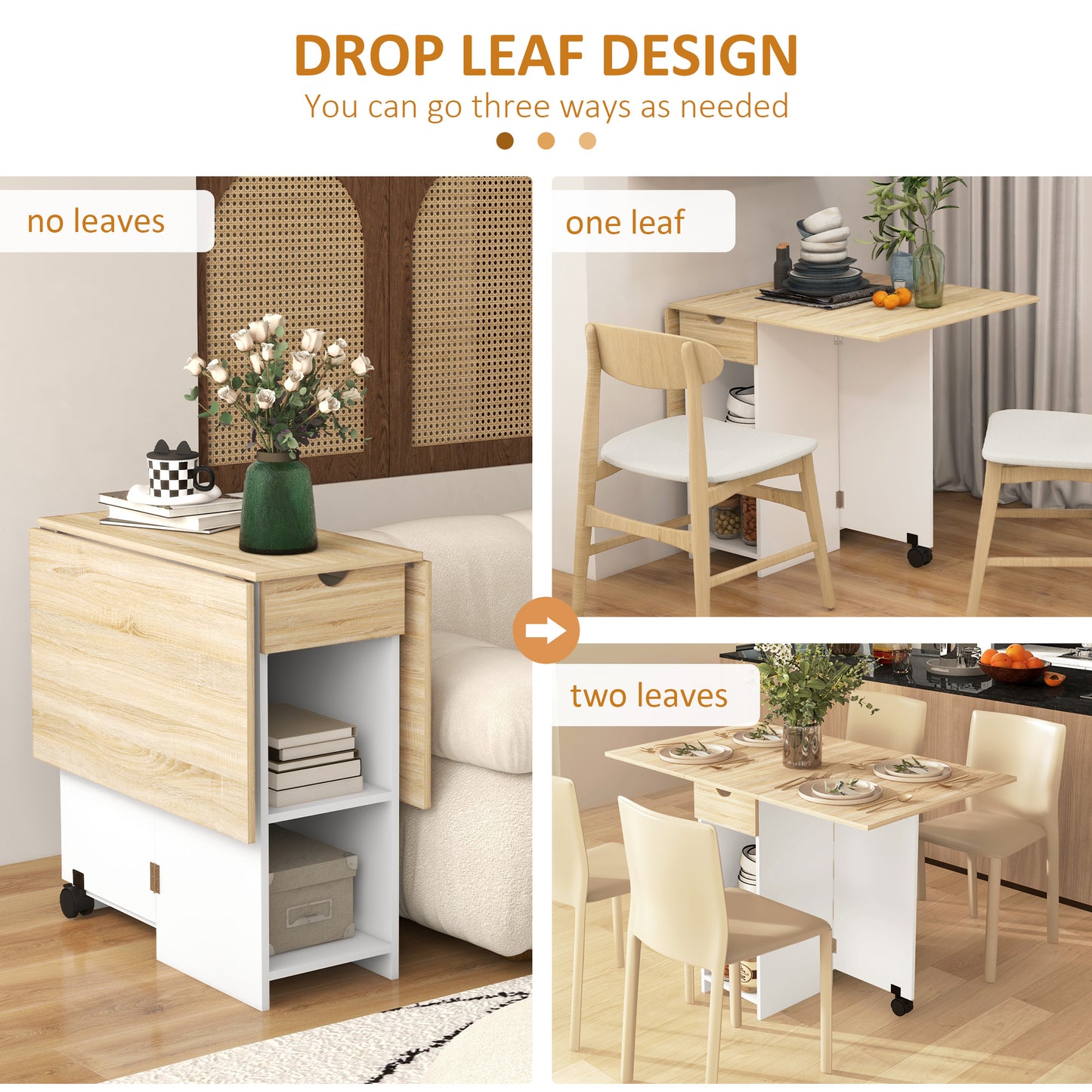 HOMCOM Folding Dining Table, Drop Leaf Table for Small Spaces, Foldable Table with Drawer and Storage Shelves for Kitchen, Dining Room, Oak