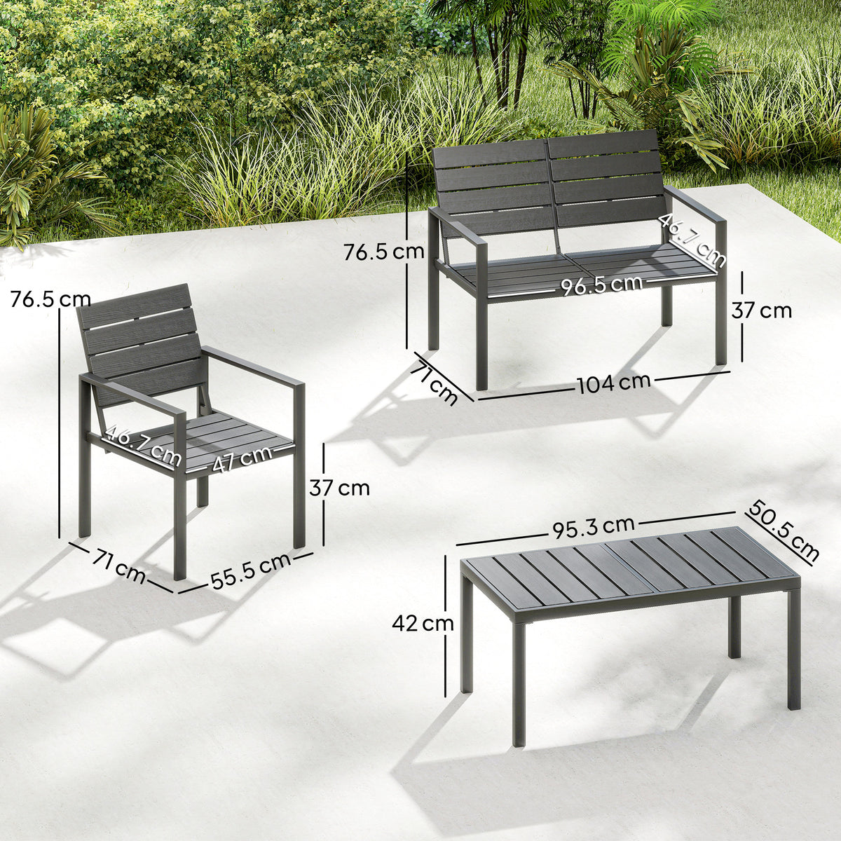Outsunny 4 Piece Garden Furniture Set, Outdoor Sofa Set with HDPE Slatted Loveseat Armchairs Coffee Table Metal Frame, Dark Grey